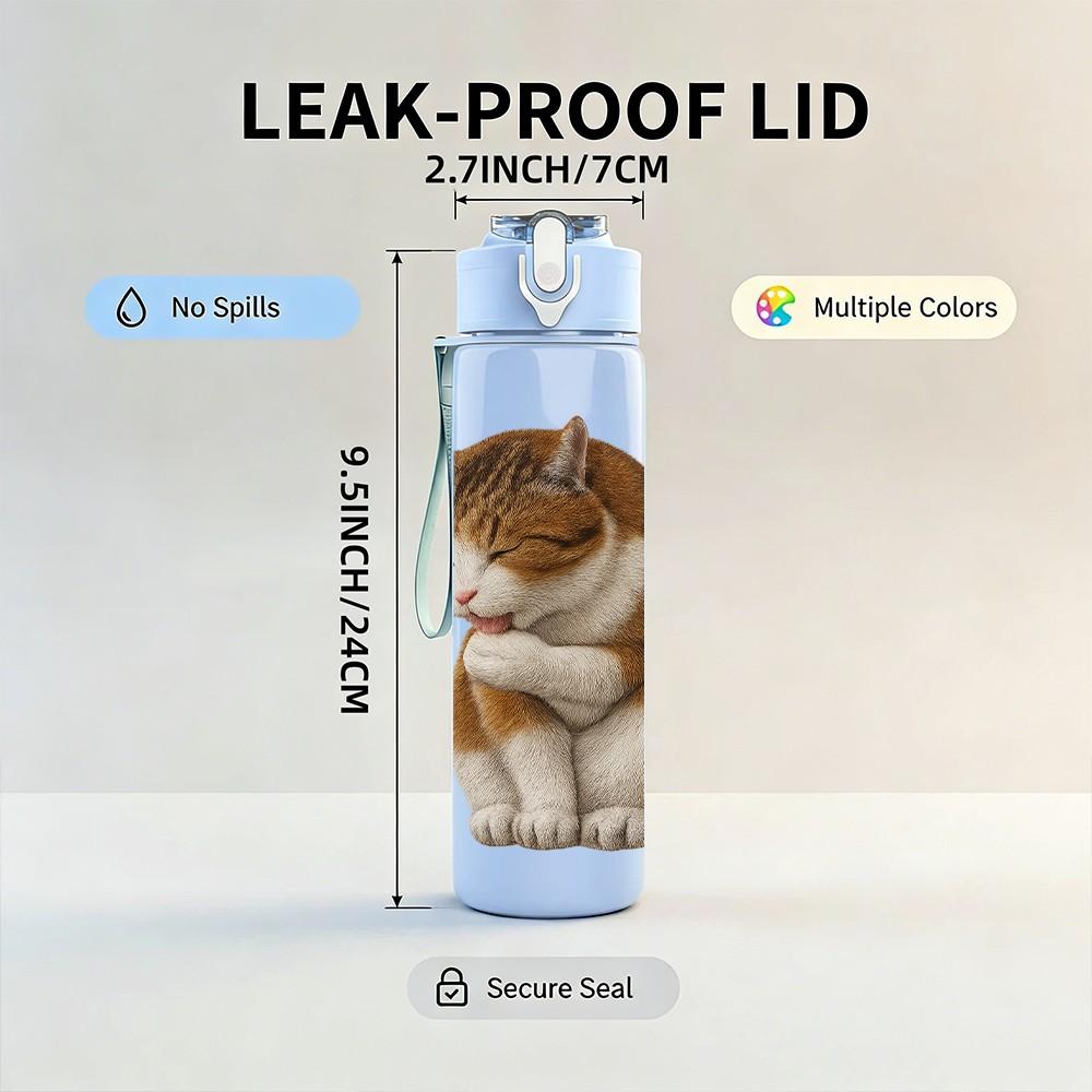 1PC Chubby Sleep Tabby Cat Cute Print 750ml Color Plastic Sports Water Bottle Leakproof Flip Straw Lid Suitable for Sports Office Home Use