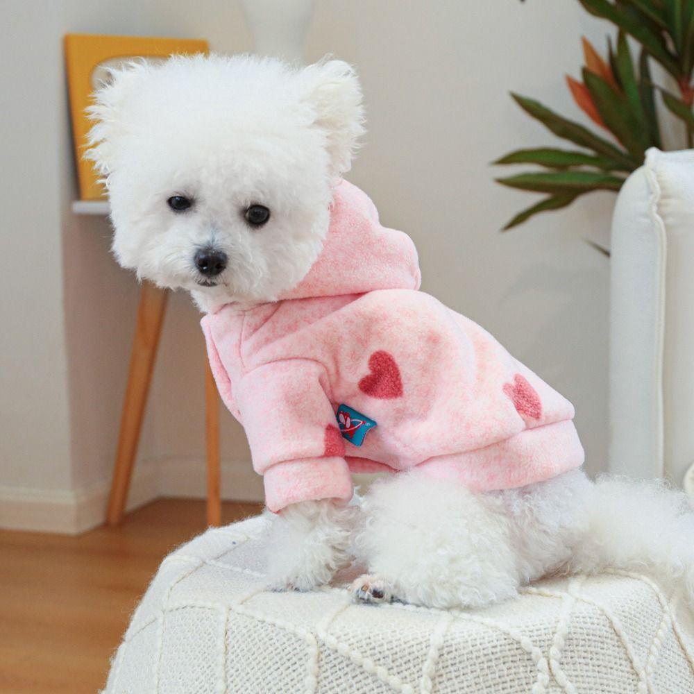Cute Pink Heart Hooded Pet Sweatshirt Pink Heart Print Breathable Dog Hooded Jacket Comfortable Wear Insulated