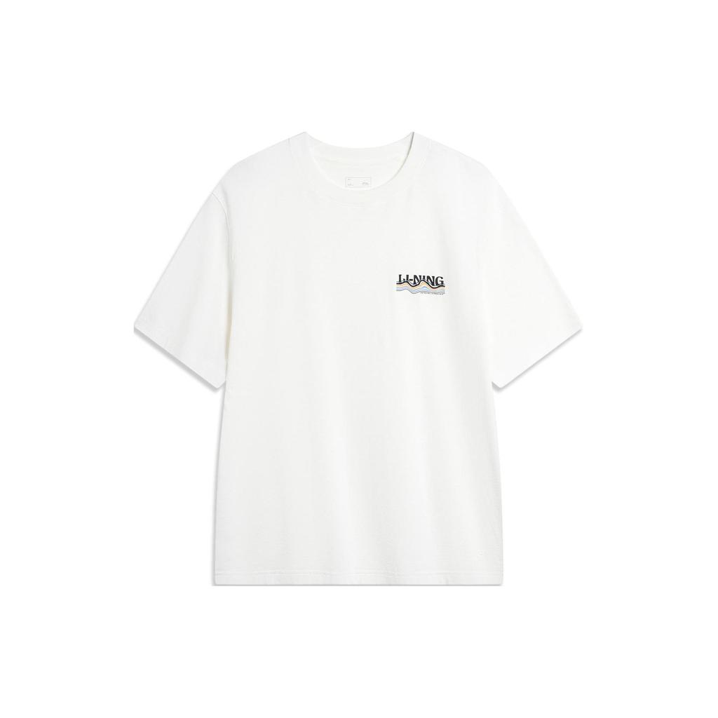 Li-Ning Удобная повседневная свободная футболка с круглым вырезом и короткими рукавами, мужские топы с заниженными плечами, молочно-белый AHSU301-1