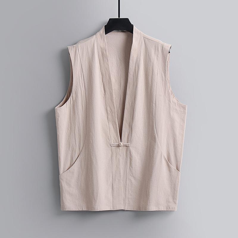 Men's Large Size Clothing  Linen Chinese Style Summer V-neck Vest Men 'S Summer And Autumn Multi -Pocket Thin Tooling Vest Plus Size