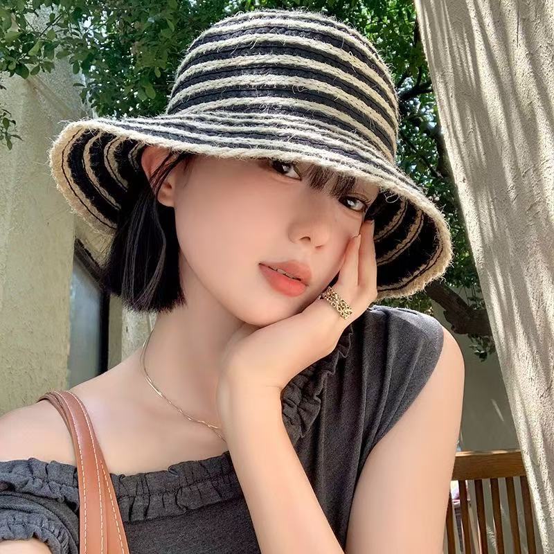 Hemp rope straw striped bucket hat women's summer casual versatile sunscreen basin hat outdoor sun hat straw hat big brim