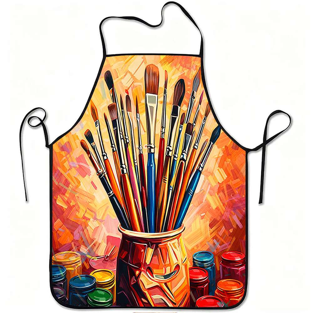 1pc Colorful Paint Brush Art Print Apron, Durable and Easy to Clean, Adjustable Waistband, Polyester Material, for Kitchen Cooki