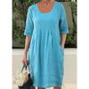 Cotton and Linen Pleated Pocket Casual Loose Round Neck Short Sleeved Dress for Women