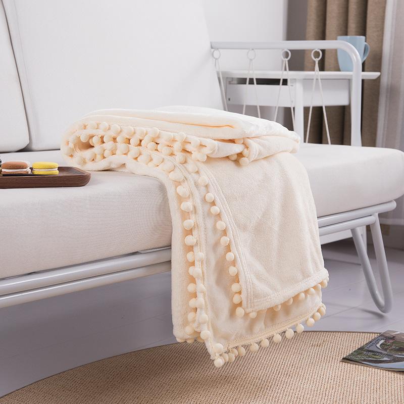 Solid Color Fleece Pom‑pom Throw Blanket, Tassel Decor Sofa Couch Nap Cover Bed Blanket