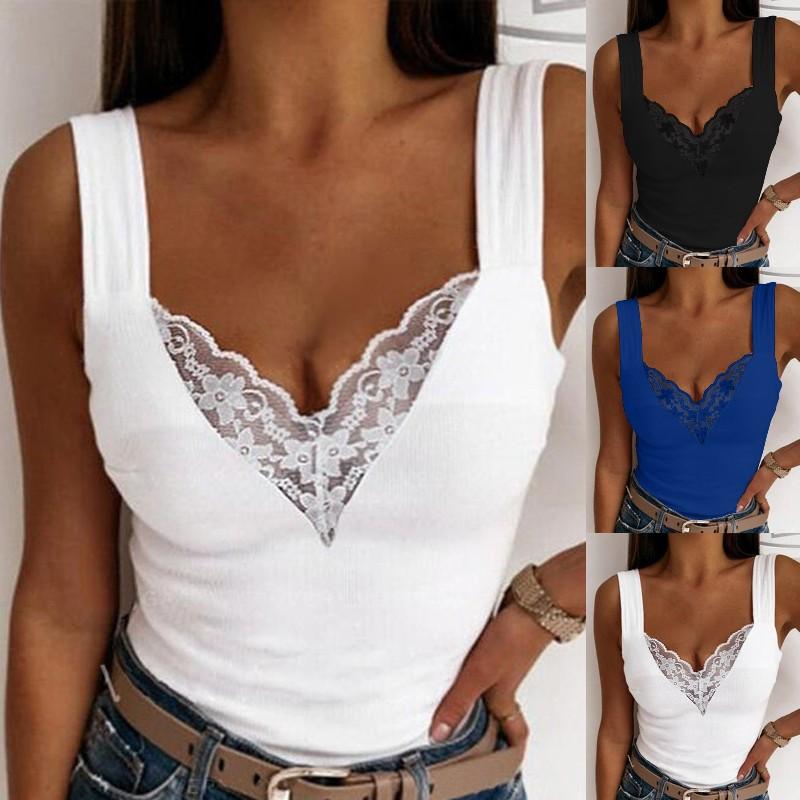 Женские модные топы без рукавов, повседневные однотонные топы с кружевным принтом, сексуальные тонкие топы с глубоким v-образным вырезом