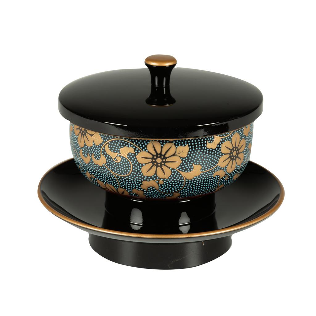 Sunmany Kutani Ware Tea Bowl and Yamanaka-Style Tea Stand Set for Buddhist Altars