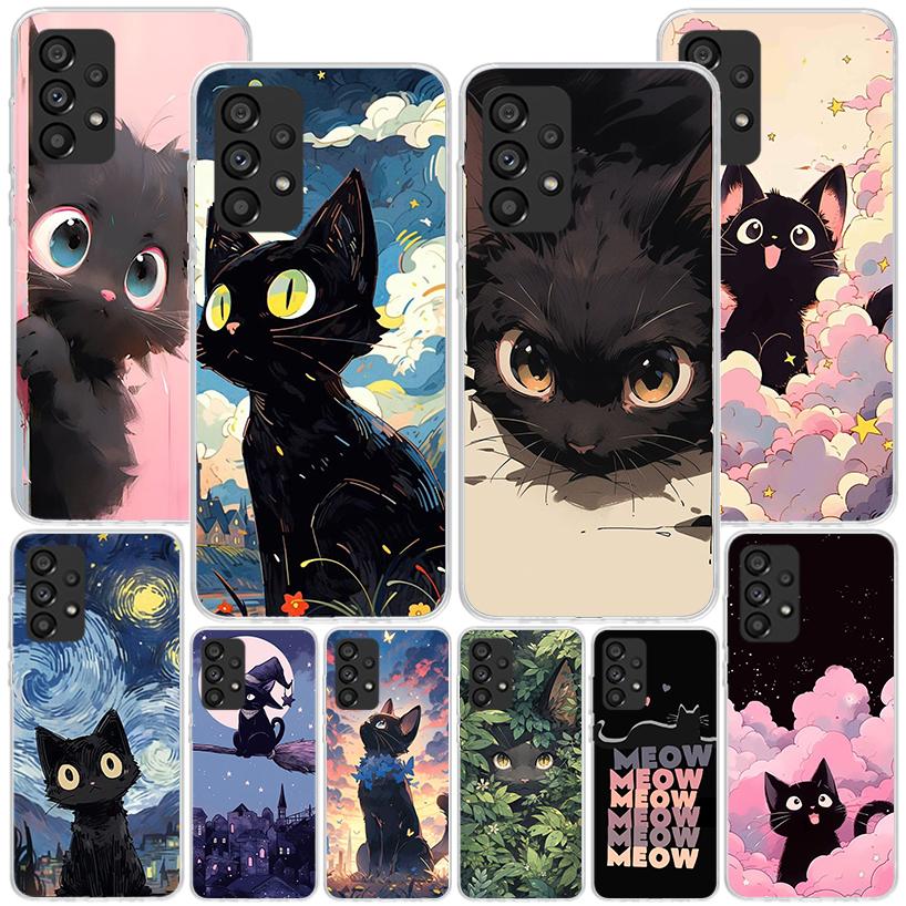 Anime Cute Black Cat Meow Phone Case For Samsung Galaxy A17 A16 A15 A14 A13 A57 A56 A55 A54 A53 A37 A36 A35 A34 A33 A26 A25 A24