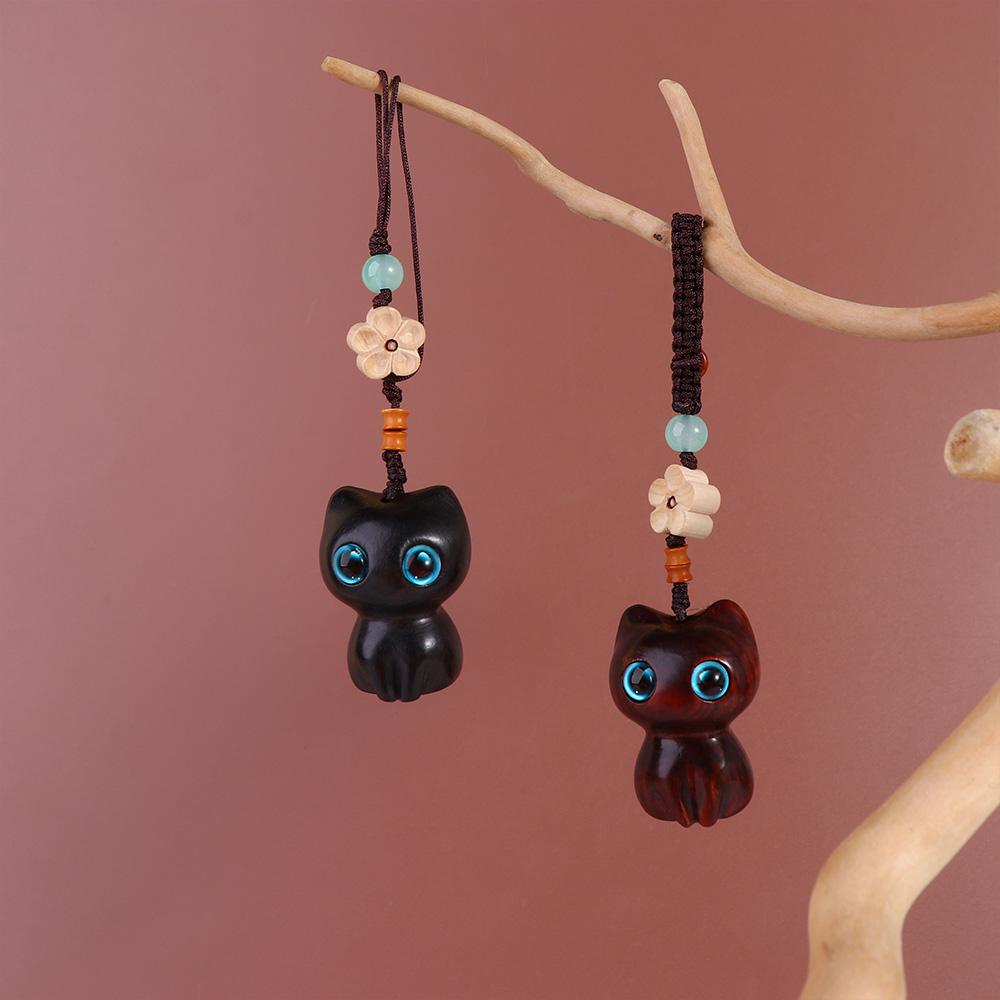 Chinese Style Pendant Mobile Phone Ring Sandalwood Key Chain Lucky Cat Pendant Key Chain Strap
