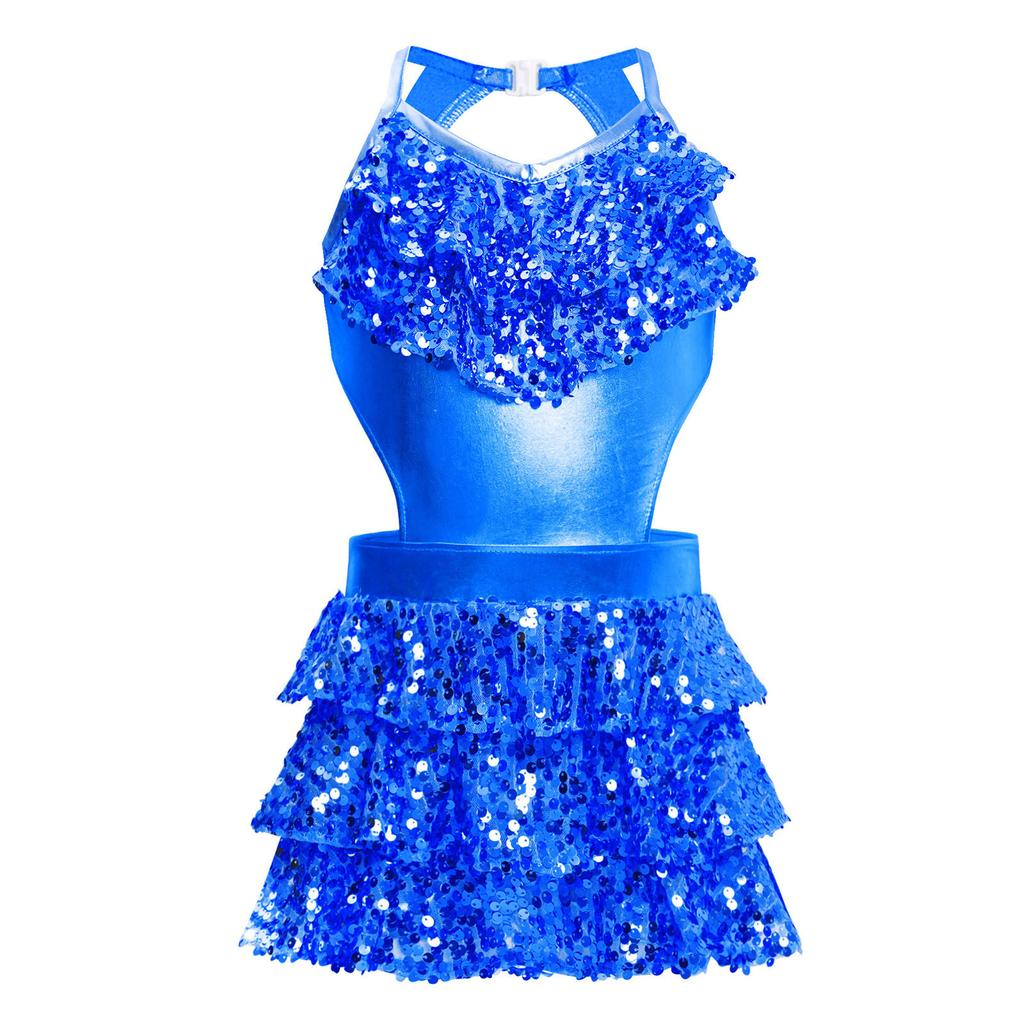 Girls Tiered Ruffle Sequins Dance Dress V Neck Sleeveless Cutout Metallic Design Stage Performance Gown
