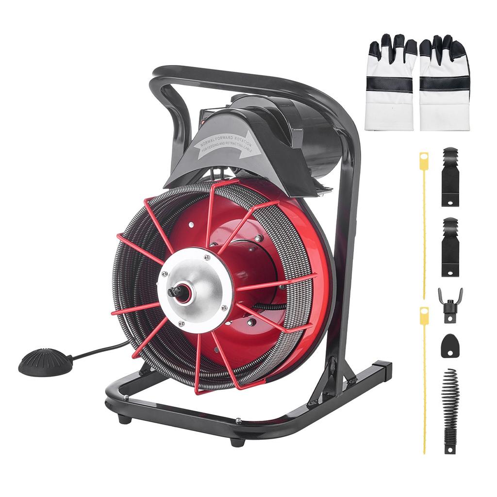 VEVOR Drain Cleaner Machine 23m x 10.5mm, Sewer Snake Auger Manual Feed with 4 Cutters & Air-activated Foot Switch for 50mm to 100mm Pipes
