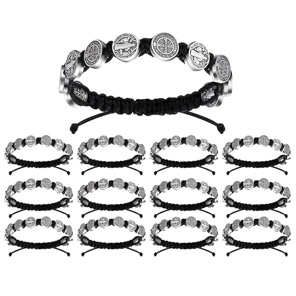 Pack Of 12 Adjustable Saint Benedict Medals Bracelets Woven Adjustable Wristchains Spiritual Jewelry for Men and Women