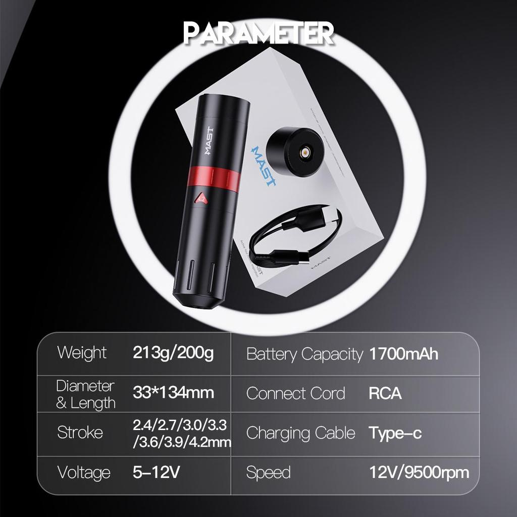 Mast Flip2 Wireless Tattoo Pen with Adjustable Strokes 2.4-4.2mm, 2 Batteries Digital Display Coreless Motor for Tattoo & Eyebrow Eyeliner Lip