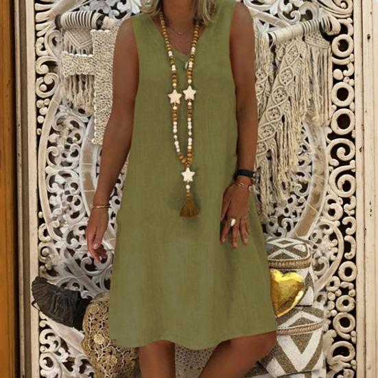 Lady Summer Dress Sleeveless V Neck A-line Solid Color Knee Length Midi Dress Pullover Vest Type Vacation Beach Dress