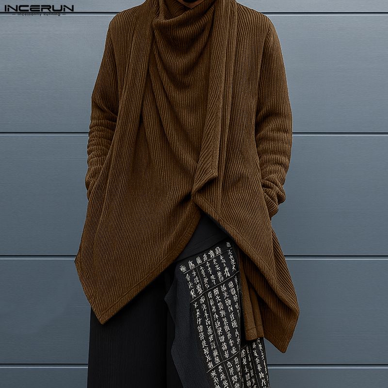 INCERUN Autumn Men Swing Collar Long Sleeve Irregular Casual Loose Ribbed Tops T-shirts