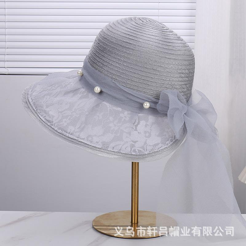 French Hepburn style double mesh yarn pearl lace bow sun hat vacation travel sunscreen sunshade mesh hat