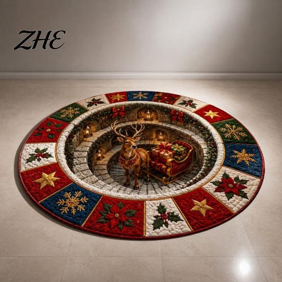 Christmas Tree Skirt Round Area Rug, 3D Optical Illusion Carpet, Stain & Wear Holiday Party Room Decor Resistant Throw Rug for Living Sofa Bedroom