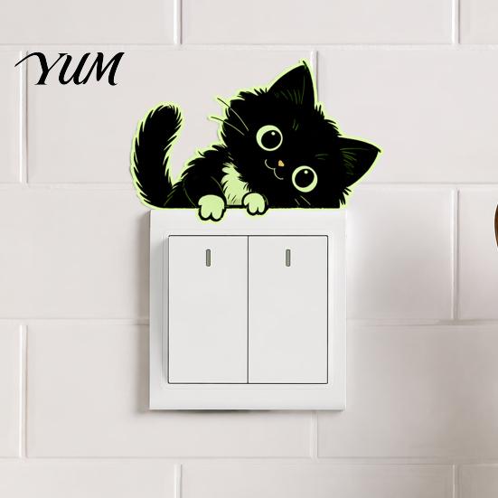 Cute Cat Light Switch Decals Glow in The Dark Black Wall Sticker, Luminous Self-Adhesive Waterproof Plates for Renters Decal, Decorative Room