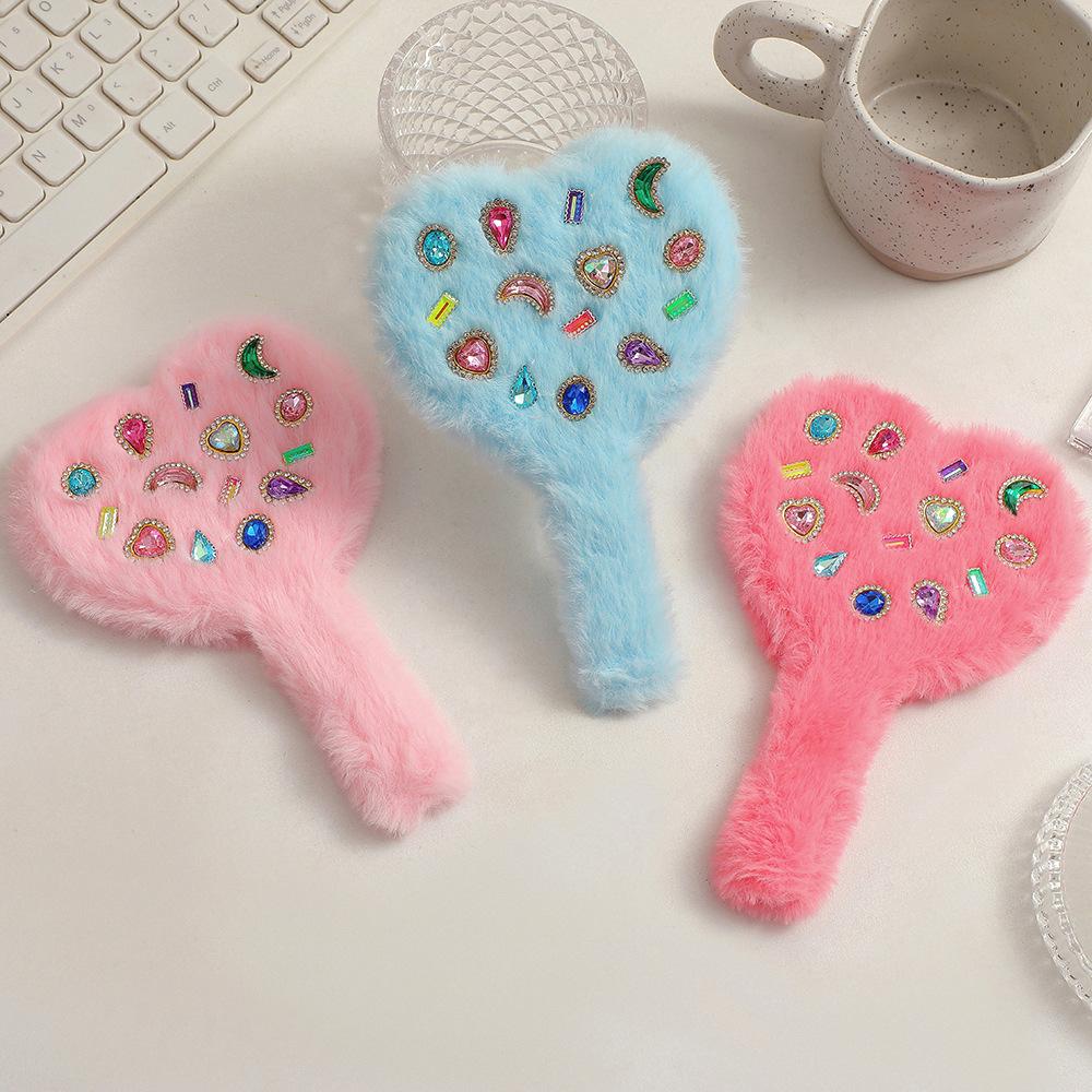 Plush Handle Mirror Portable Heart Shape Makeup Mirror Diamond Cosmetic Mirror For Girl Women Creative Gift Home Decoration