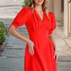 Women's Fashionable Solid Color Retro V Neck Short Sleeve Slim Fit Dress