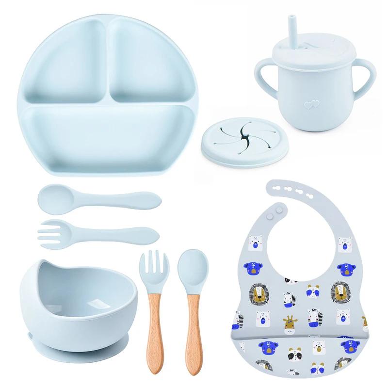 9 шт., набор детской посуды, пищевая силиконовая детская посуда для детей, миска для нагрудника с милым принтом, нескользящие тарелки с присоской BPAFREE