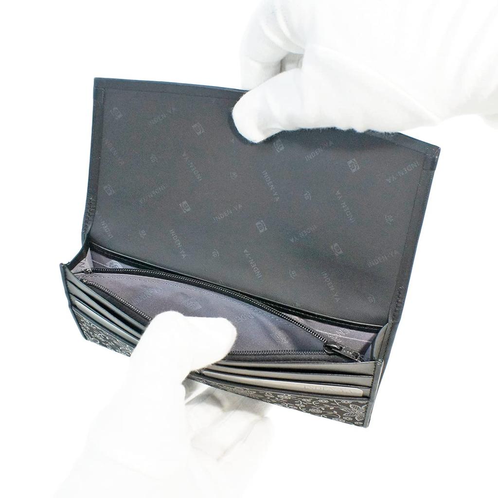 Кошелек Inden Long Black с Черной Клематидой [Inden-ya], Тонкий, Оленья Кожа, Лак, Узор, 2311-01-169