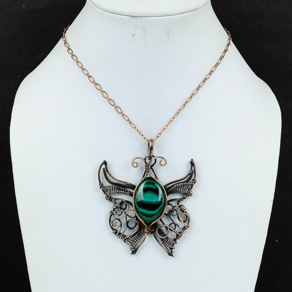 Malachite Copper Pendant Copper Wire Wrapped Jewelry Natural Gemstone Pendant Handmade Wire Wrap Pendant Butterfly Jewelry Anniversary Gifts