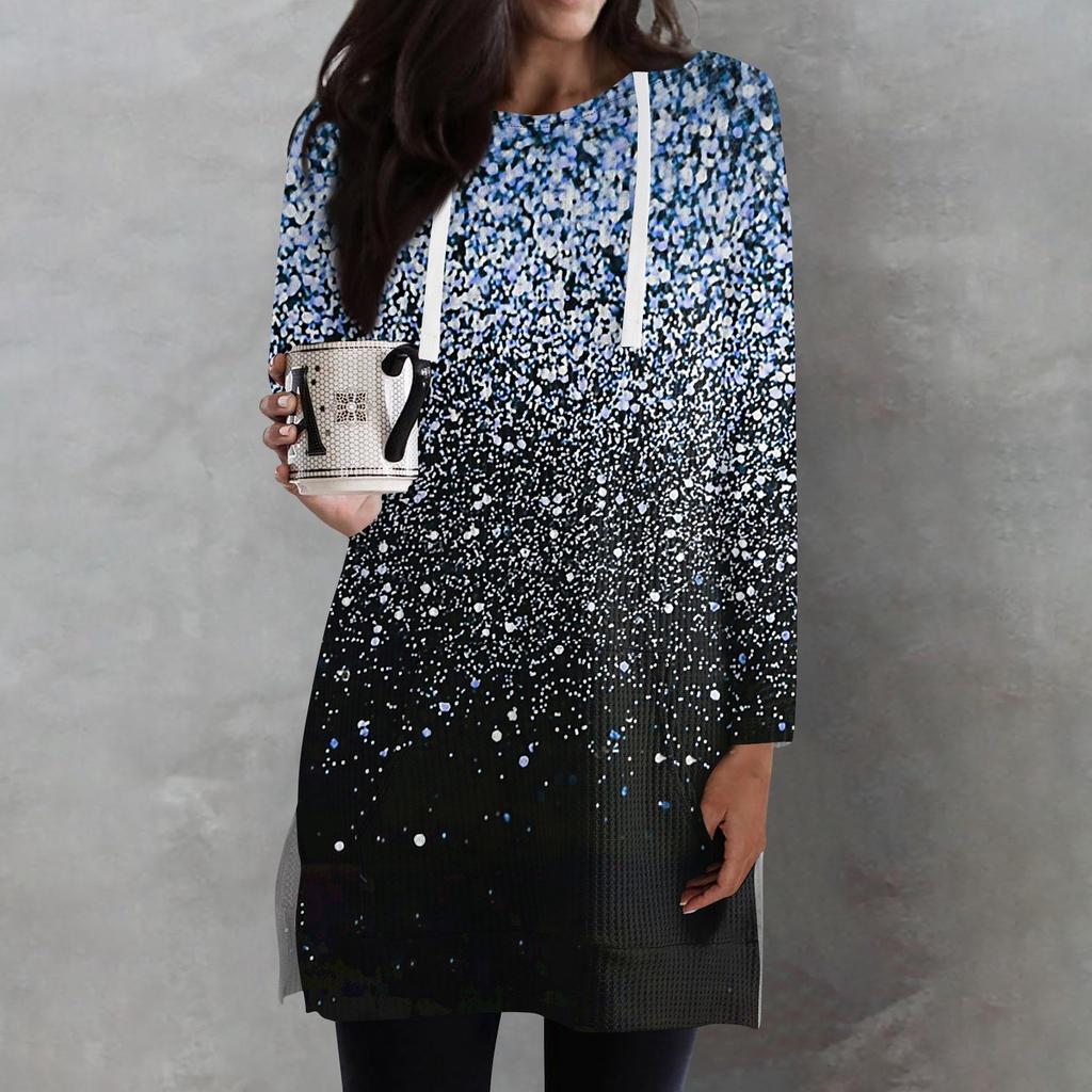 Женские свободные рубашки с принтом, длинные рукава, толстовки с завязками, трикотажные туники с боковыми разрезами, топы с капюшоном и карманом