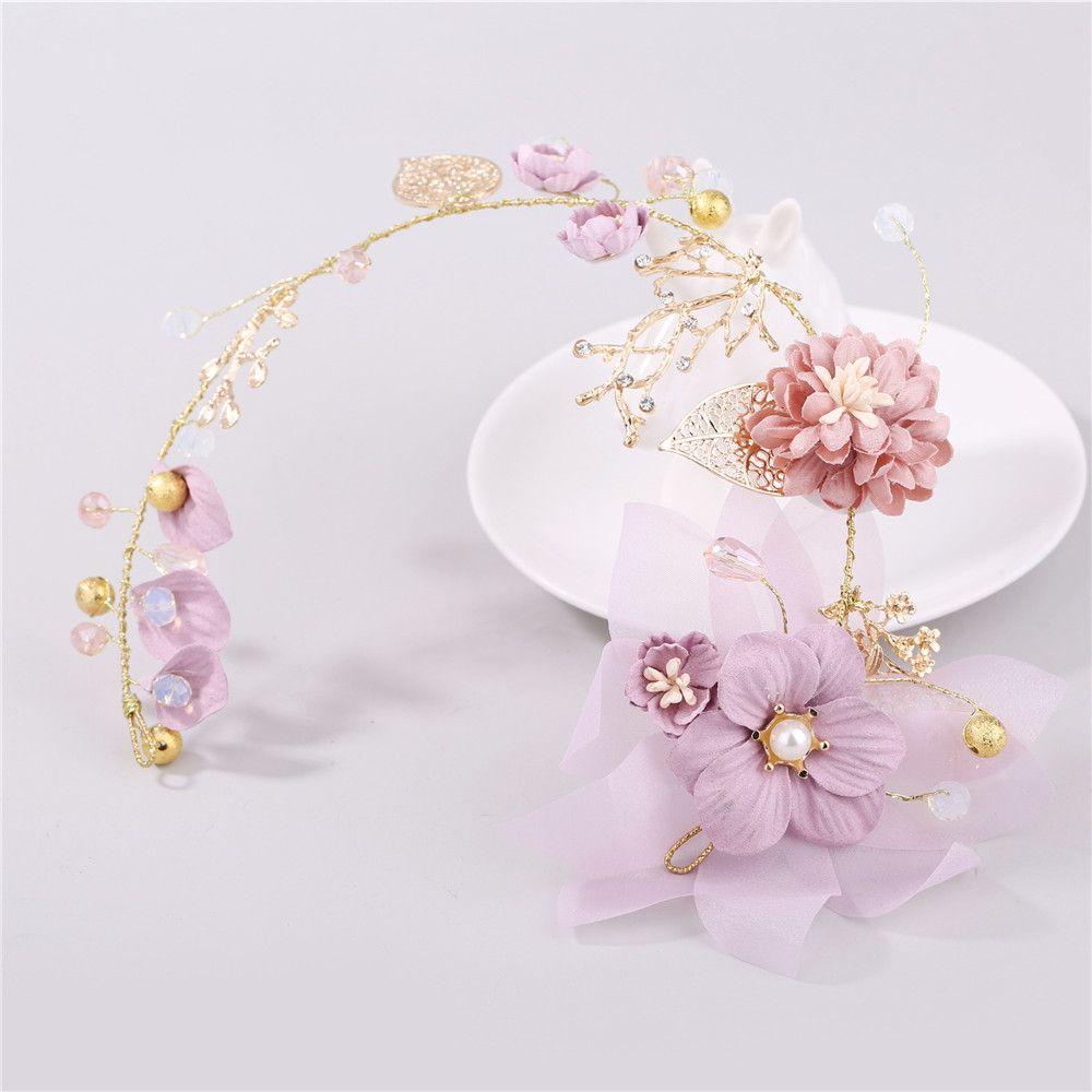 Beautiful Wedding Hair Jewelry Headdress Purple Flower Tiara Pearl Hair Band Bride Headwear