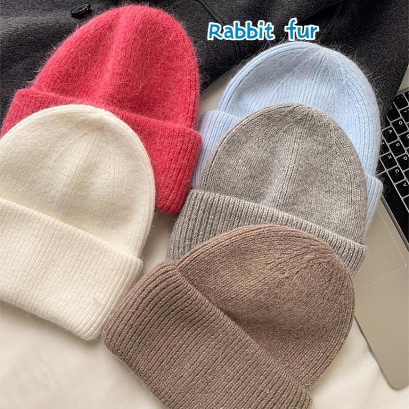 Solid Color Rabbit Fur Knitted Hat Women Winter Warm Wool Hat Warm Angora Fluffy Warm SKI Beanies Korea Ins Fashion Bonnet Caps