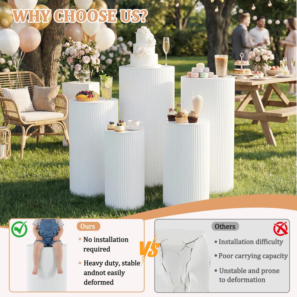 5 Pcs Metal Pleated Cylinder Pedestal Stands Heavy Duty Cake Display Pedestal Stand for Wedding Banquet Vendor Events Decorative
