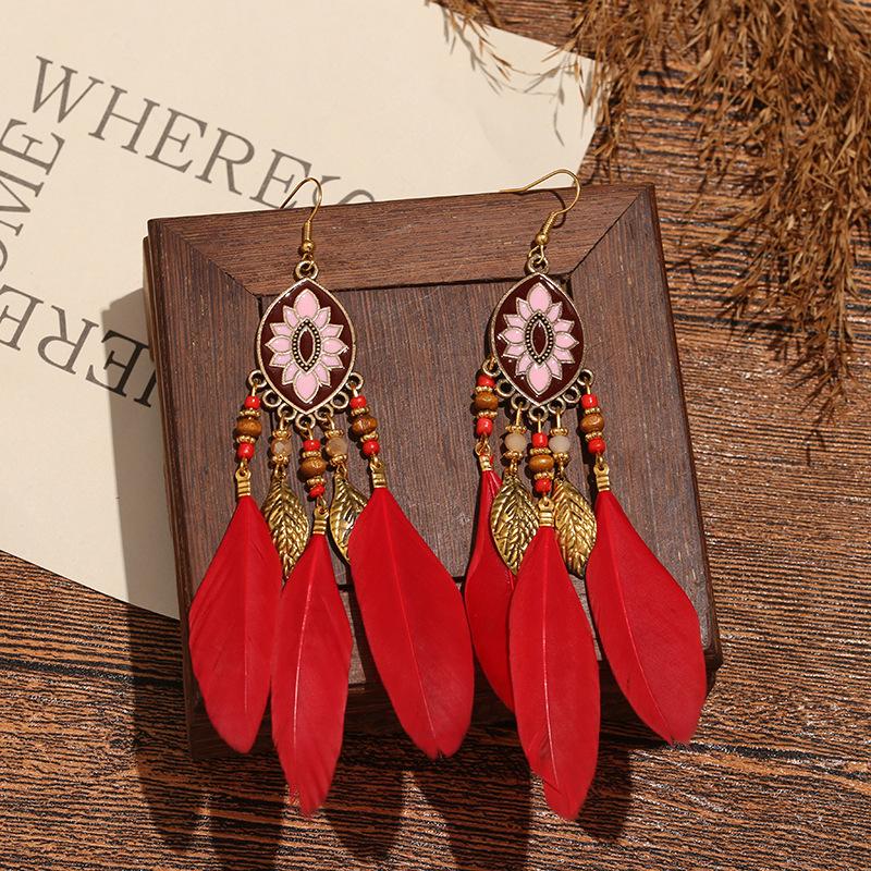 High-Value Feather Earrings Bohemian Long Tassel Photo Women'S Ear Hooks Personalized Earrings