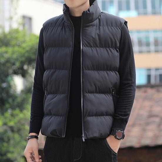 Men Waistcoat Stand Collar Sleeveless Slim Fit Vest Coat with Pockets Solid Color Zipper Closure Windproof Quilted Waistcoat