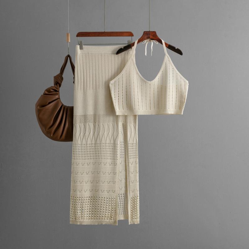 Summer Women's Short Vest Top High-waisted Thin Hollow Open-end Package Hip Half-body Skirt Two-piece Set