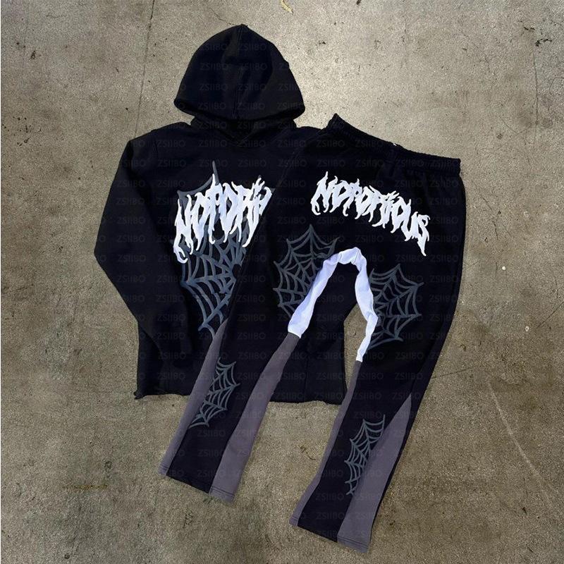Cross-border spider web printing tide brand sweater Europe, America, Amazon foreign trade hoodie men's and women's sweater trousers wholesale