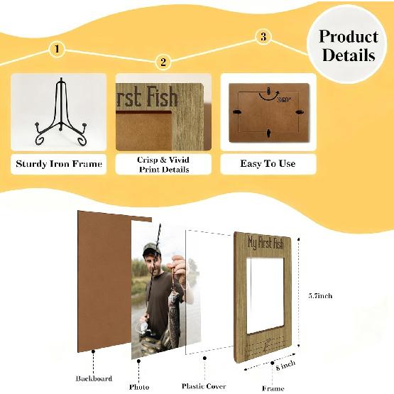 Fishing Photo Frame with Iron Stand, My First Fish Picture Frame, Wood Picture Holder Memorial, for Countertop, Tabletop Display, Photo Friendship