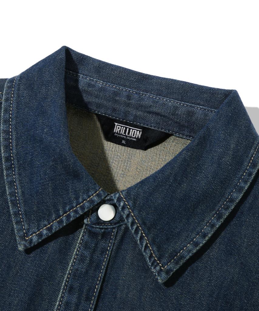 TRILLION Leather Patch Oversized Work Denim Long Sleeve Shirt_Vintage Blue