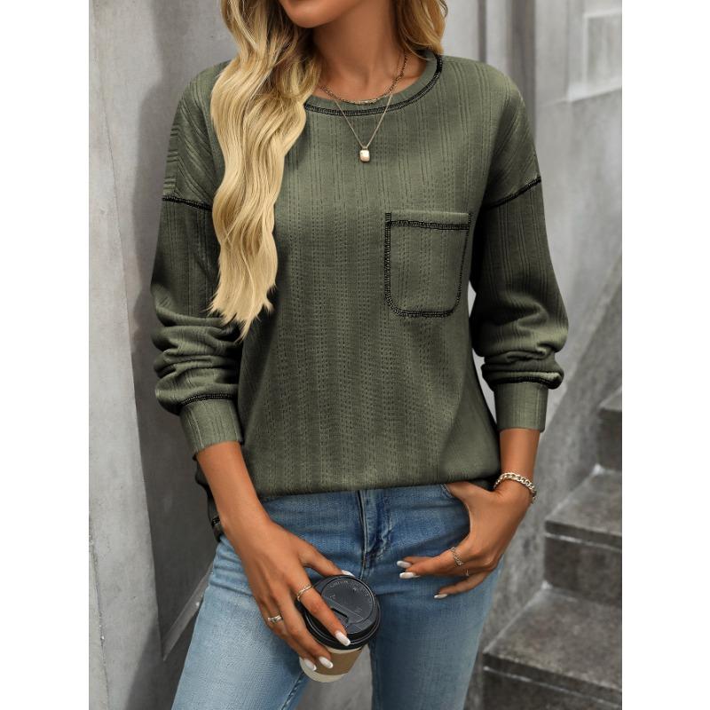 Женские модные повседневные весенне-осенние однотонные блузки и рубашки с круглым вырезом с длинными рукавами и принтом