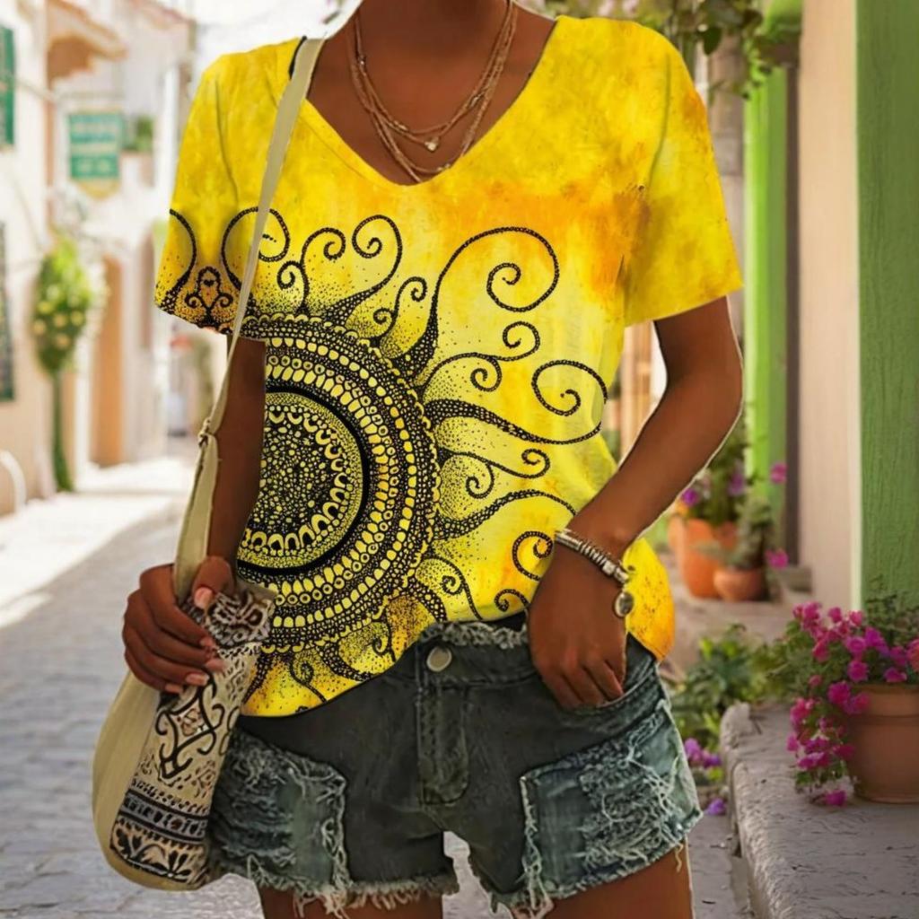Женская футболка с V-образным вырезом, повседневные модные топы с коротким рукавом, цветочные принты, большие размеры, свободная женская одежда, футболка для активного отдыха