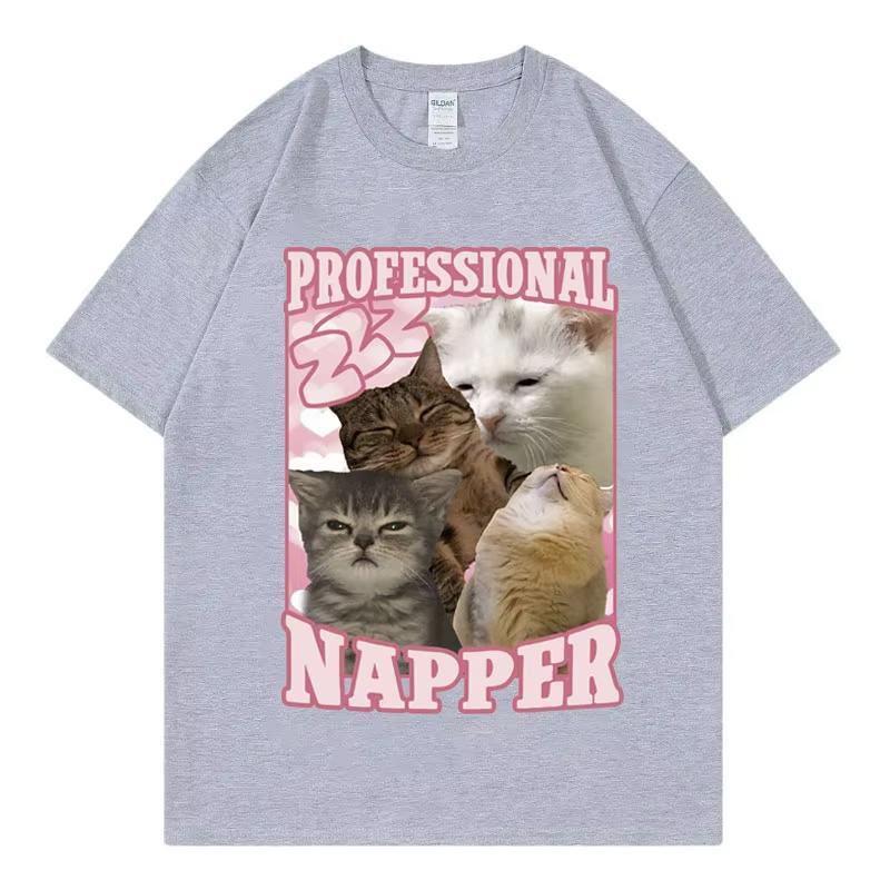 2026 Summer Cotton Tee Cute Sleeping Cats Meme Graphic Unisex WOMEN Plus Size Loose Casual Hip Hop Streetwear Breathable Top