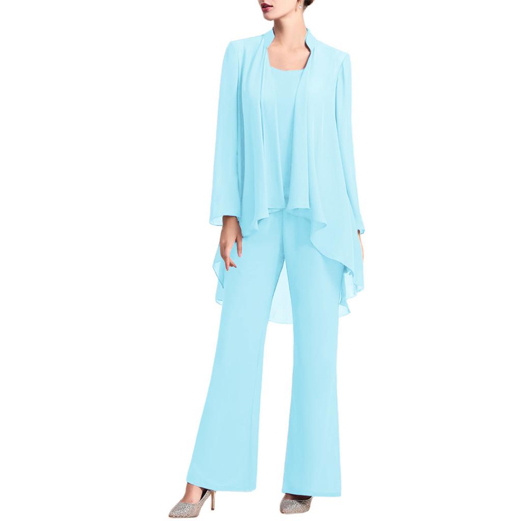 Женский элегантный шифоновый костюм для вечеринки, комплект из 3 предметов, майка с длинными рукавами и открытым передом, кардиган и длинные брюки