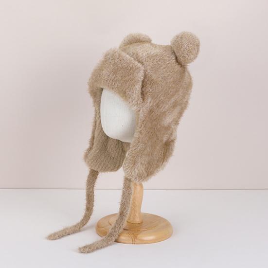 Детская шапка с ветрозащитной веревкой, мультяшная форма медведя, мягкий плюшевый подклад, эластичная теплая шапка, зимний головной убор для мальчиков и девочек