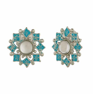 Женские серьги-гвоздики Meenakari Kundan в форме цветка с родиевым покрытием и синей эмалью