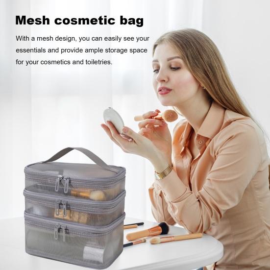 Mesh Cosmetic Bag Multi Layers Large Capacity Visible Zipper Closure with Handle Portable Classified Organization Travel Trip Makeup Storage Bag