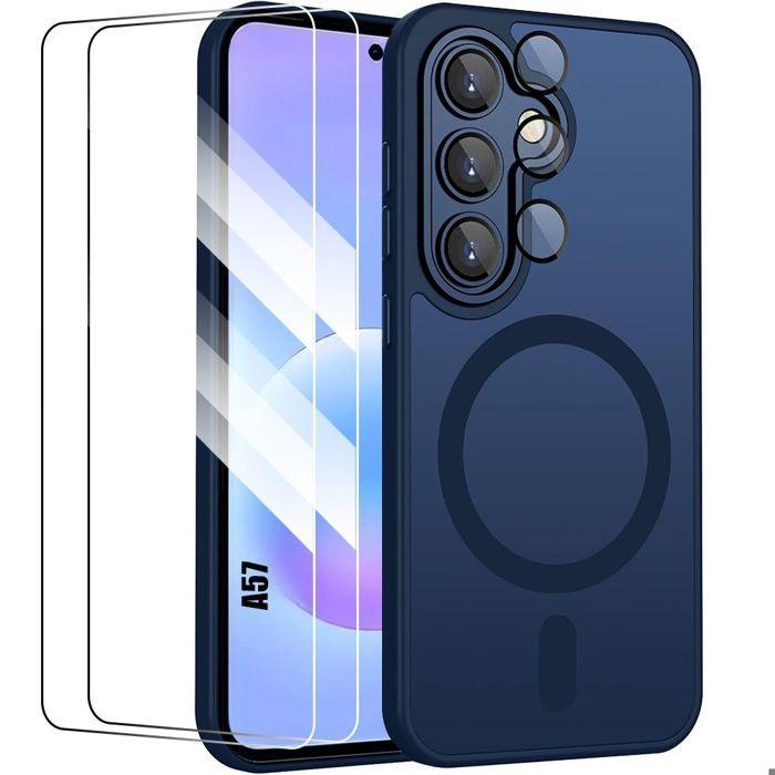 Coque pour Samsung Galaxy A57 5G, avec Anneau Magnétique - Bleu Marine - 2 Verres Trempés