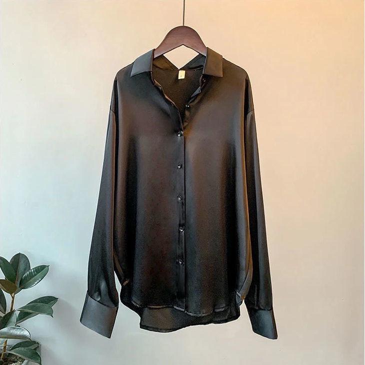 Топ с драпировкой из сатина: Женская рубашка с длинным рукавом в стиле ретро 2025 года