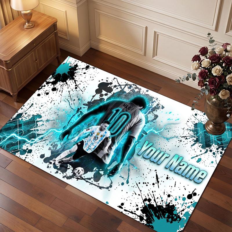 Lionel Messi Custom Crystal Velvet Rug, Personalized Name Text Print, Football Logo Soft Non‑Slip Floor Mat Home Decor Gift