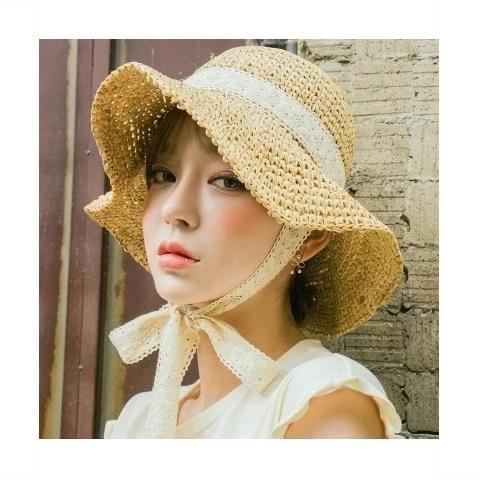 New straw hat women's summer beach hat sunscreen eaves handwoven straw hat sunshade lace strap straw hat tide