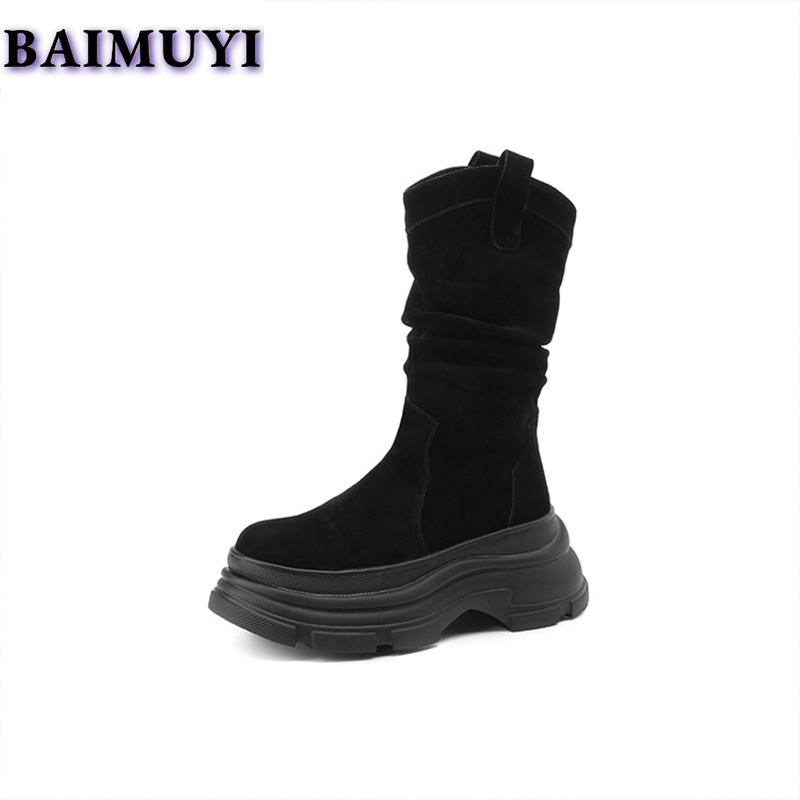 Женские полусапожки на плоской подошве, брендовая обувь 2025 года, модные высокие сапоги из плиссированной замши, зимние повседневные ботинки для ходьбы, женские ботинки