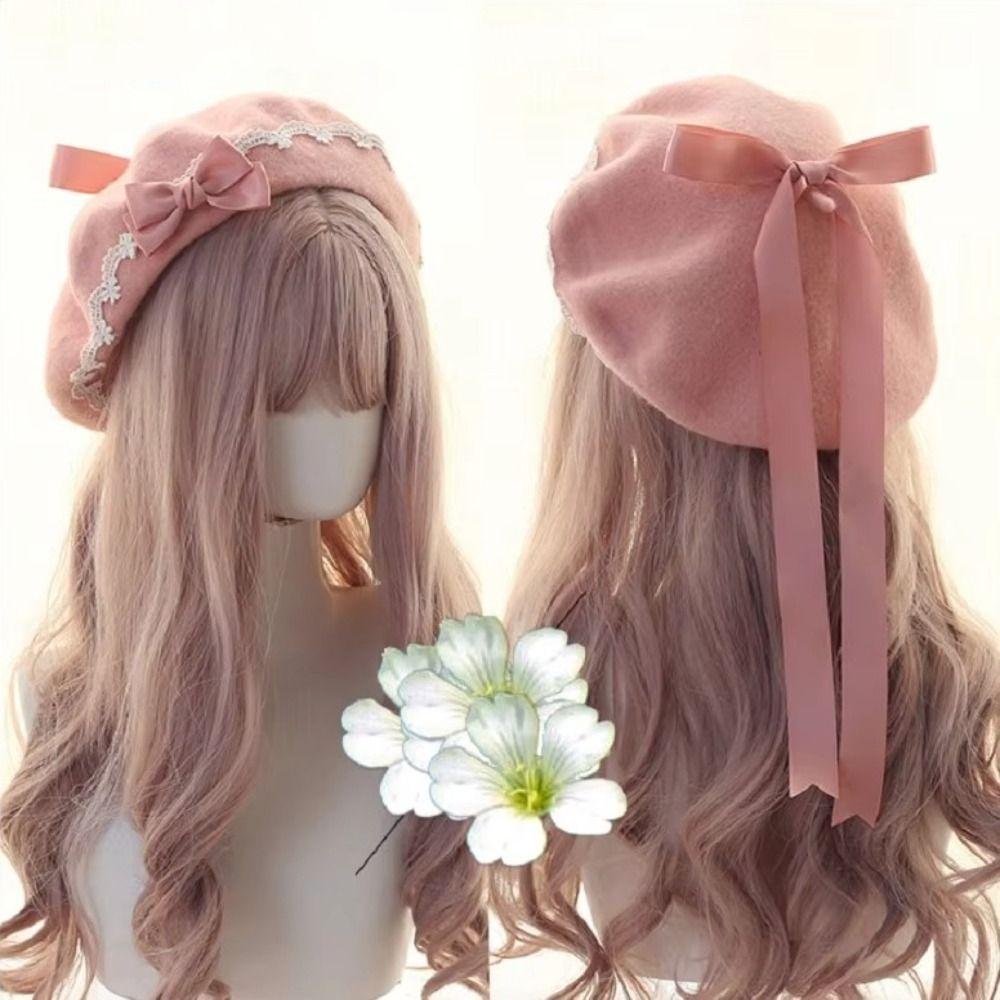 Warm Girl Lace Bow Hat Sweet Painter Hat Y2k Beanie Cap Female