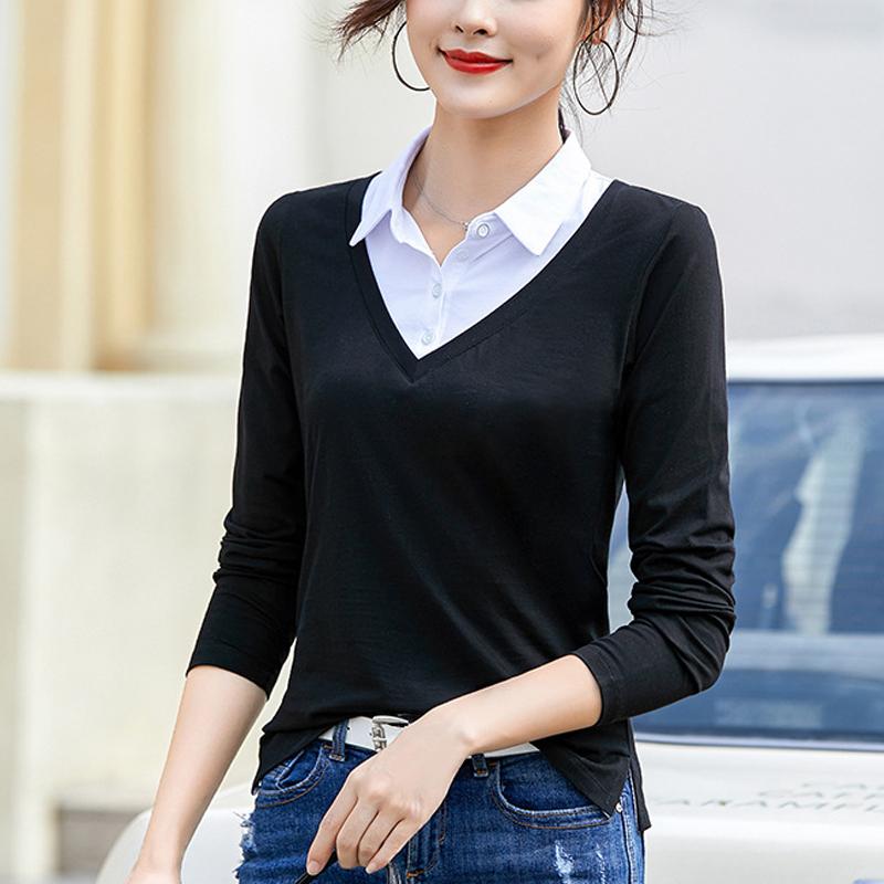 Women's Autumn and Winter Pullover Fake Two Piece Pullover V-Neck Long Sleeve Shirt Knitted Bottom Pullover